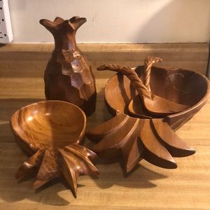 Vintage MCM  Wood Tiki Patio Outdoor Eating Pineapple Serving Set